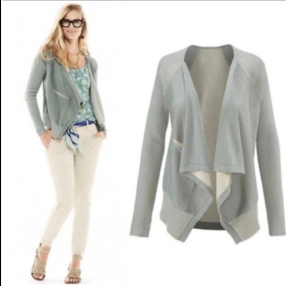 CAbi 5132 Pocket Green Gray Open Front Thin Sage Waterfall Cardigan Sweater